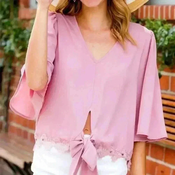 V-Neck Wide Top with Lace Trim and Bow Tie Detail - Picture 2 of 6